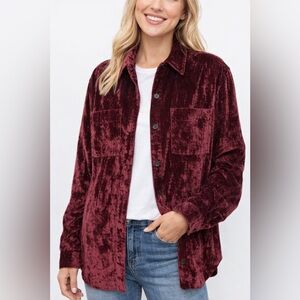 Chico’s Crushed Velvet Button Long Sleeve Shirt Trucker Jacket Stitching Shacket